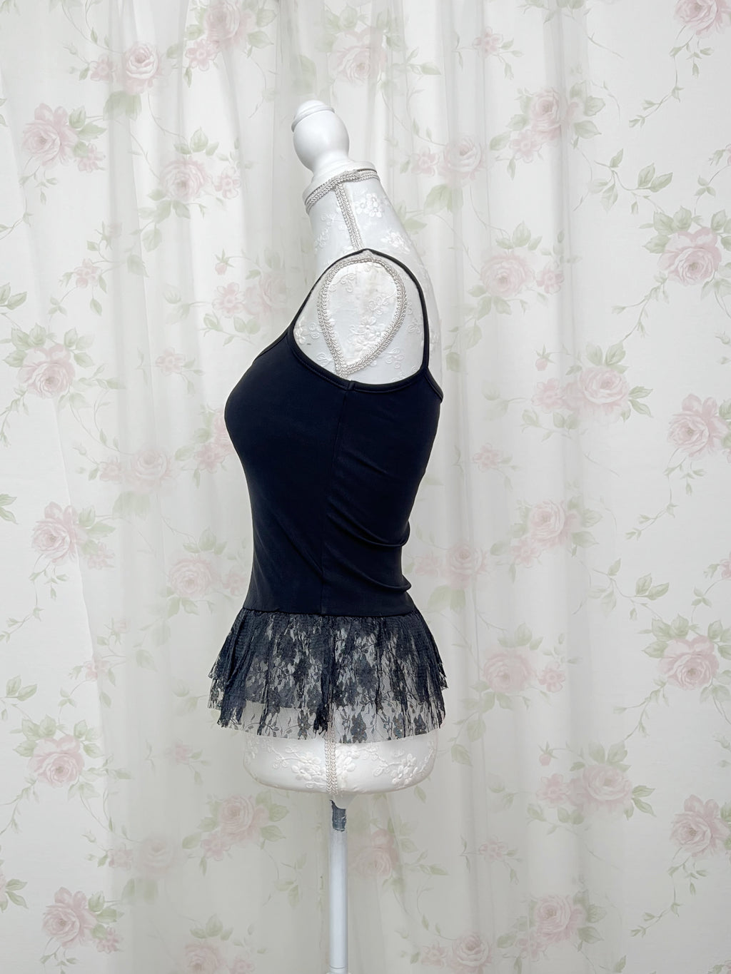 One Shoulder Knit Lace Camisole Set (Black)
