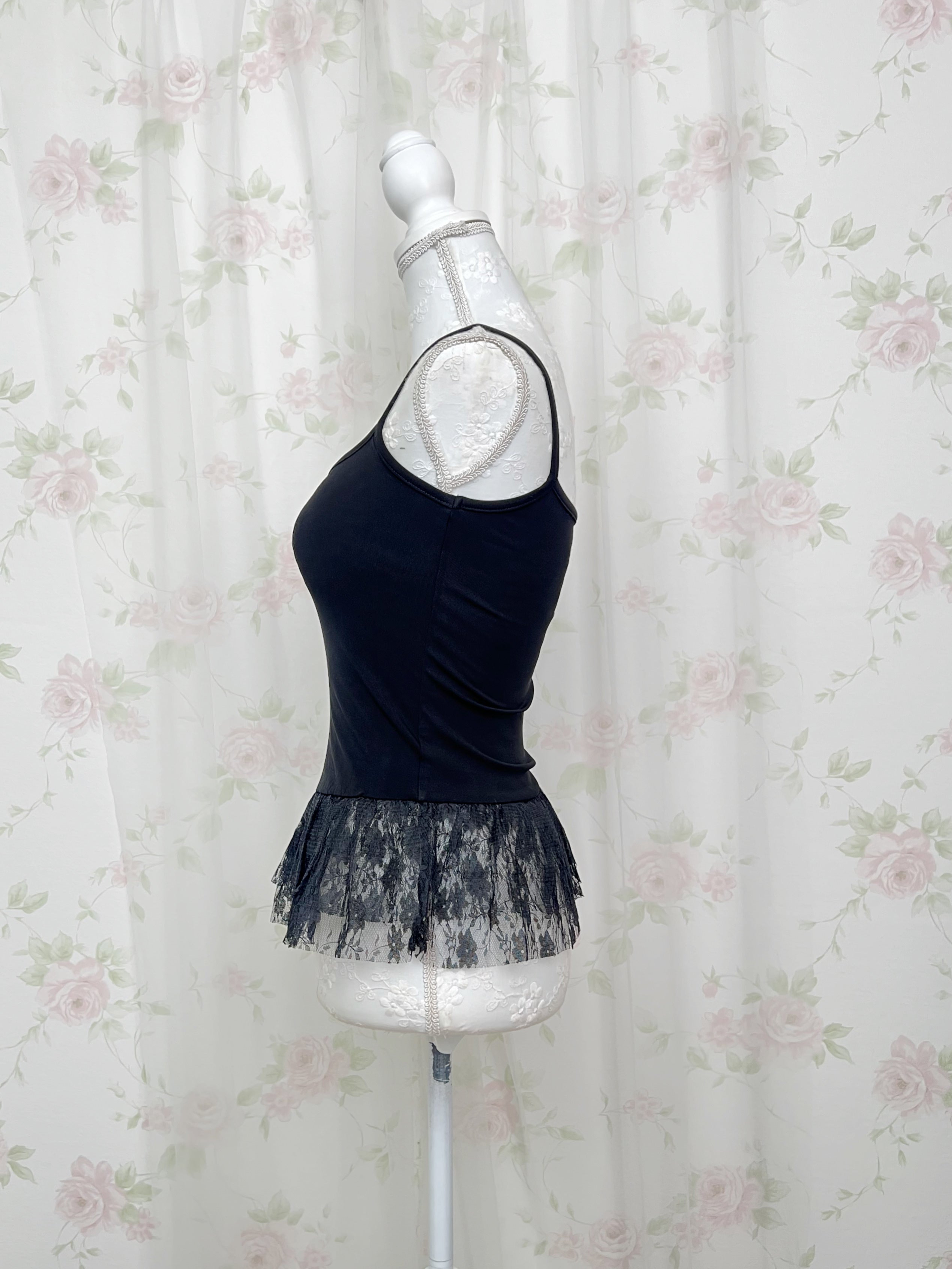One Shoulder Knit Lace Camisole Set (Black)