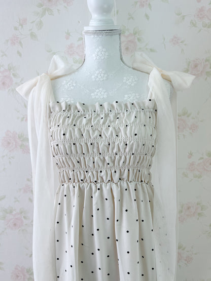 GRL Tulle Ribbon Strap Polka Dot Long Dress (Ivory)