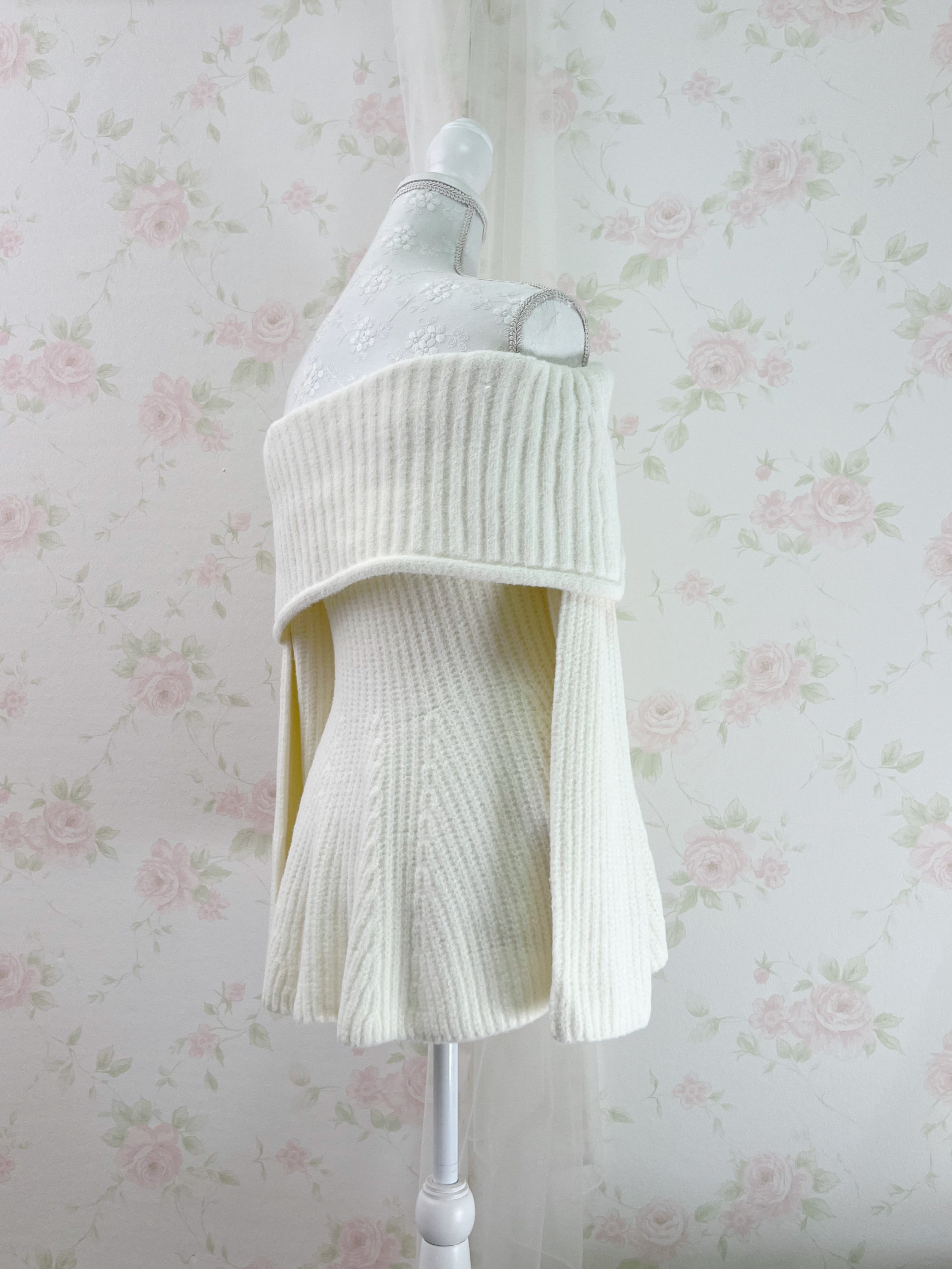 Off Shoulder Wide Sleeved Knit Top (Ivory)