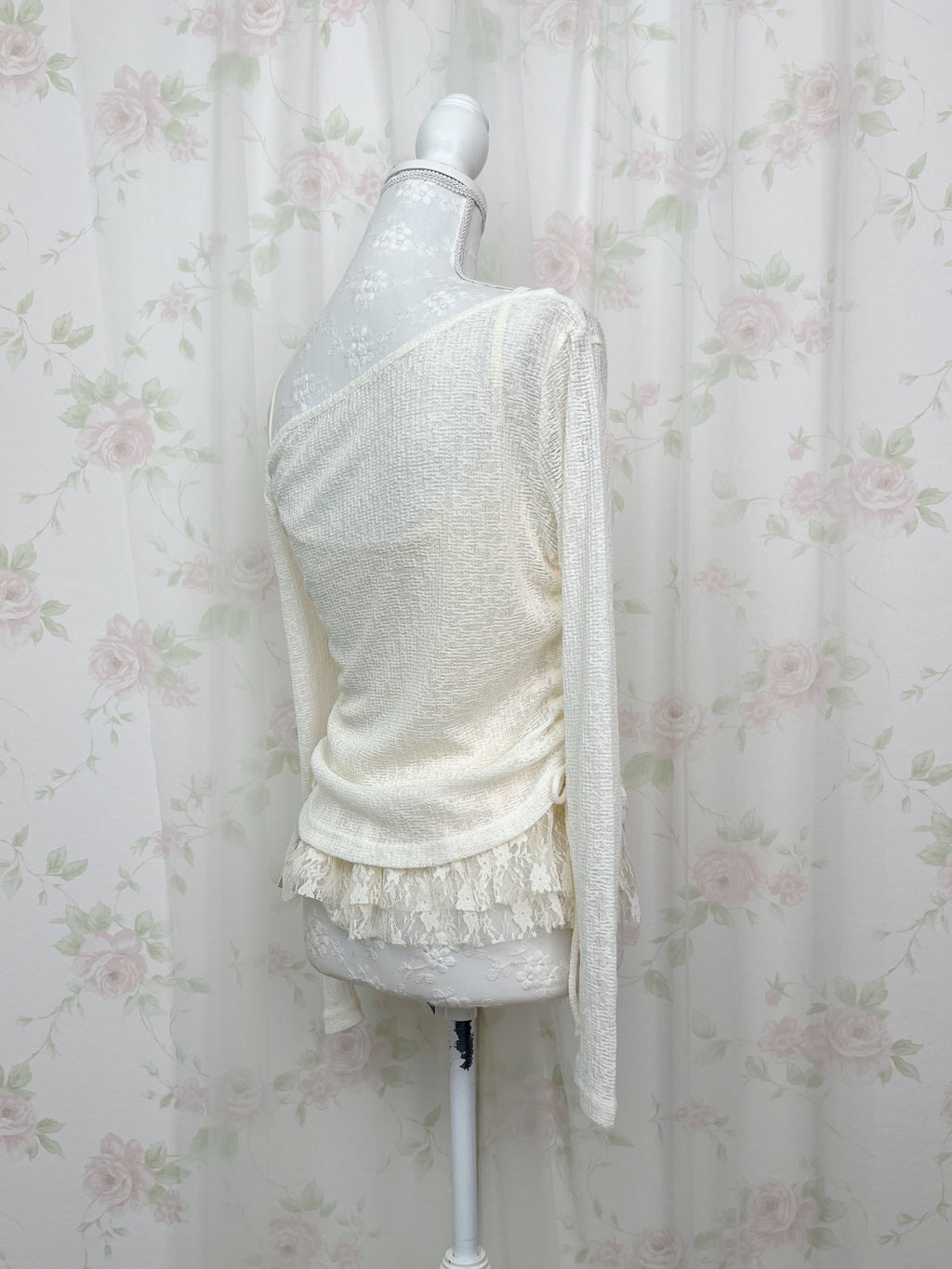 One Shoulder Knit Lace Camisole Set (Ivory)