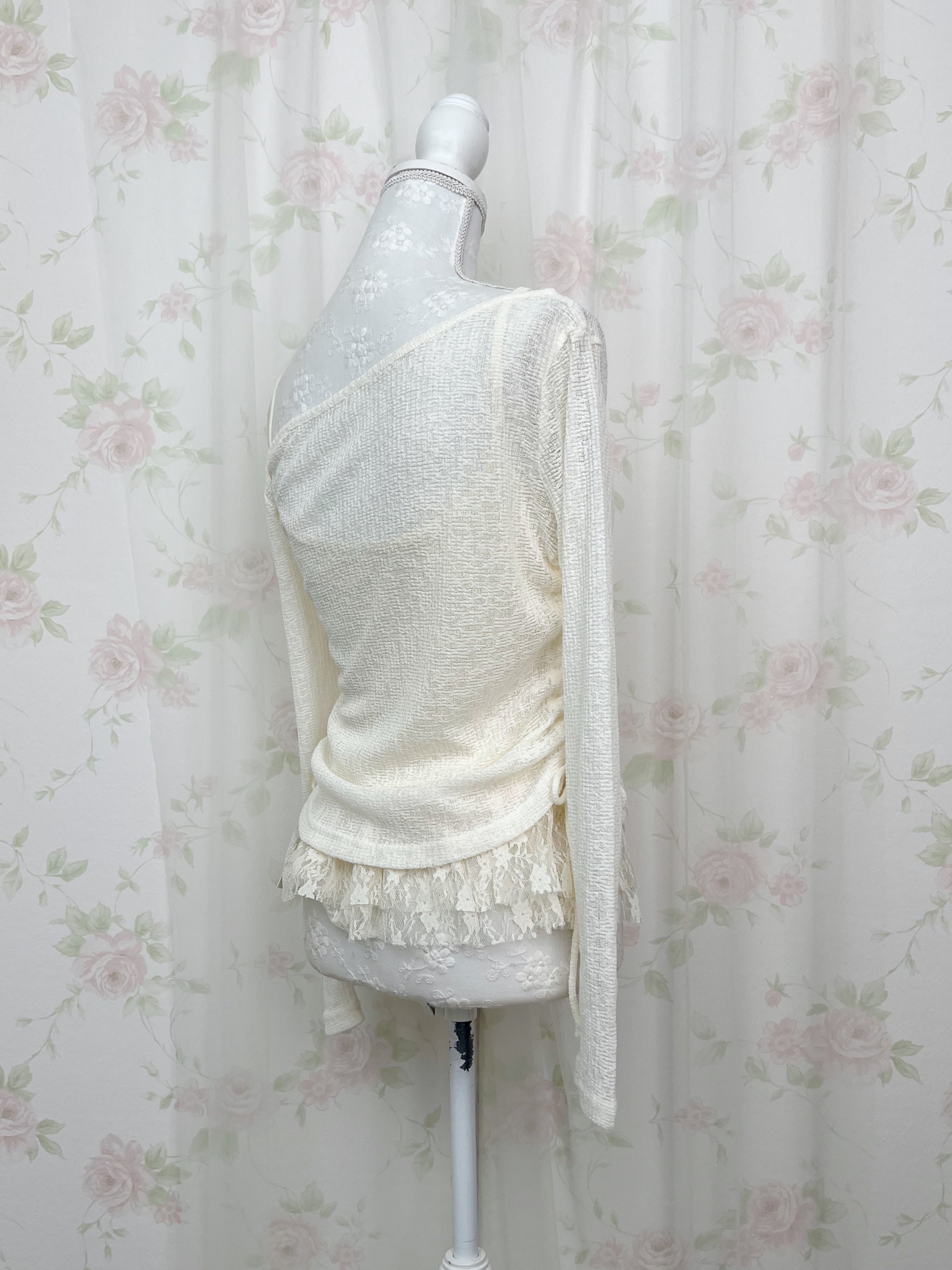 One Shoulder Knit Lace Camisole Set (Ivory)