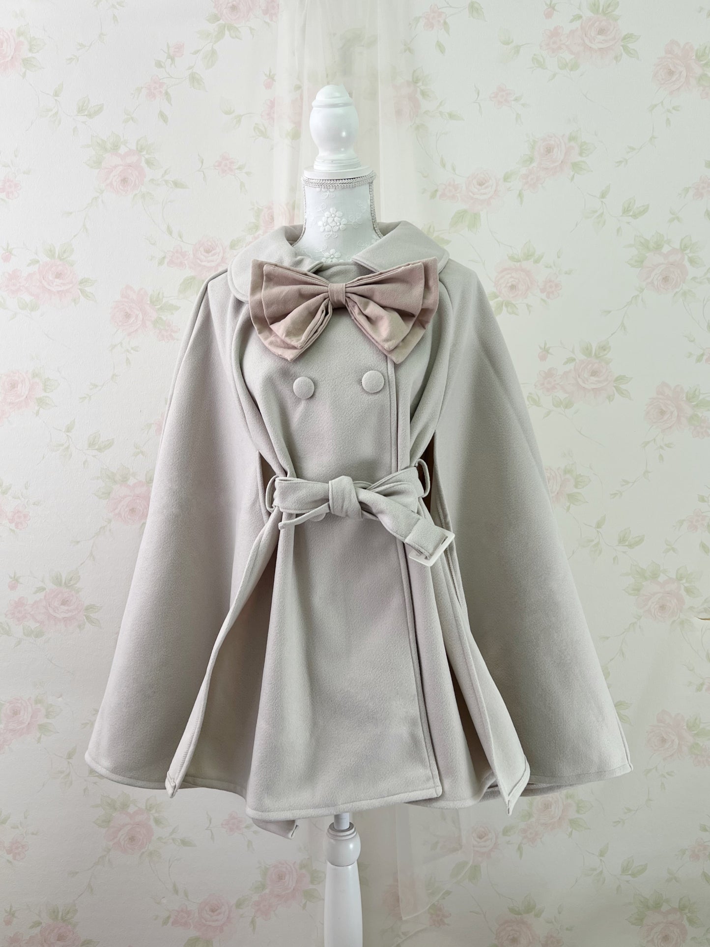 GRL Dolly Collar Button Up Poncho Coat (Beige)