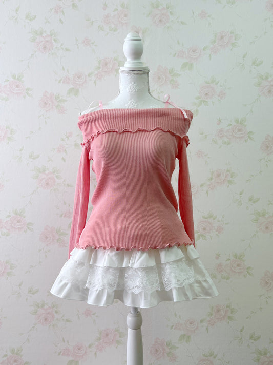 GRL Off Shoulder String Knit Top (Juicy Peach Pink)
