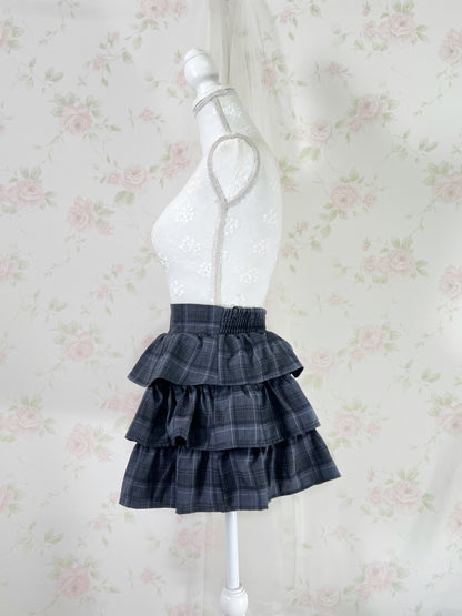 GRL Tiered Checked Skirt (Navy Gray)