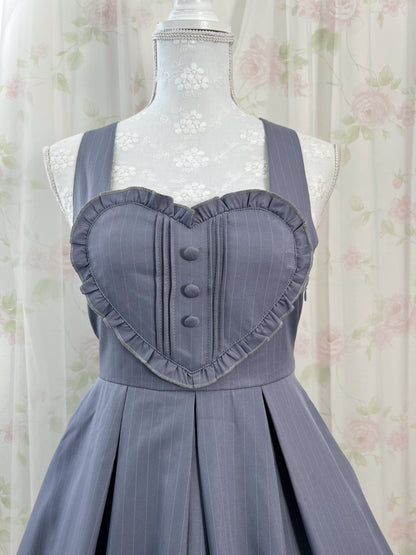 Secret Honey Heart Front Striped Jumper Skirt (Navy)