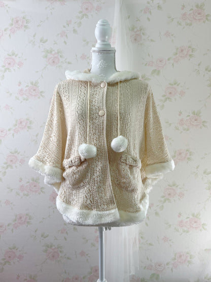 Ribbon Pocket Pom Pom Poncho (Beige)