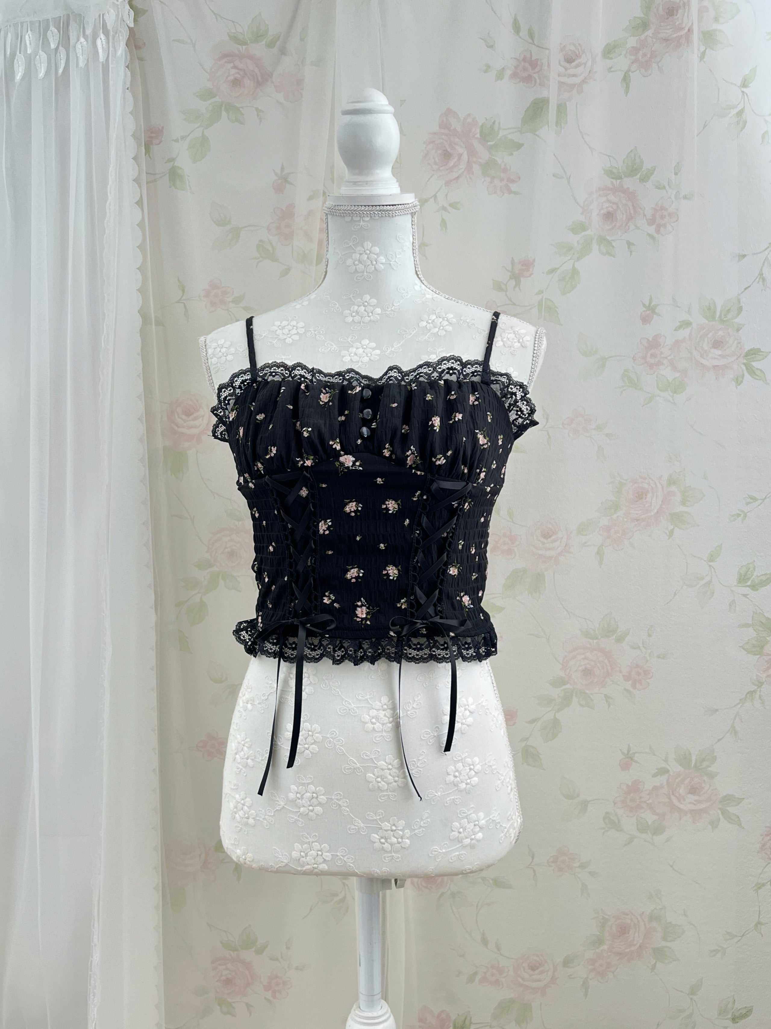 Petite Floral Laced Up Camisole (Black)