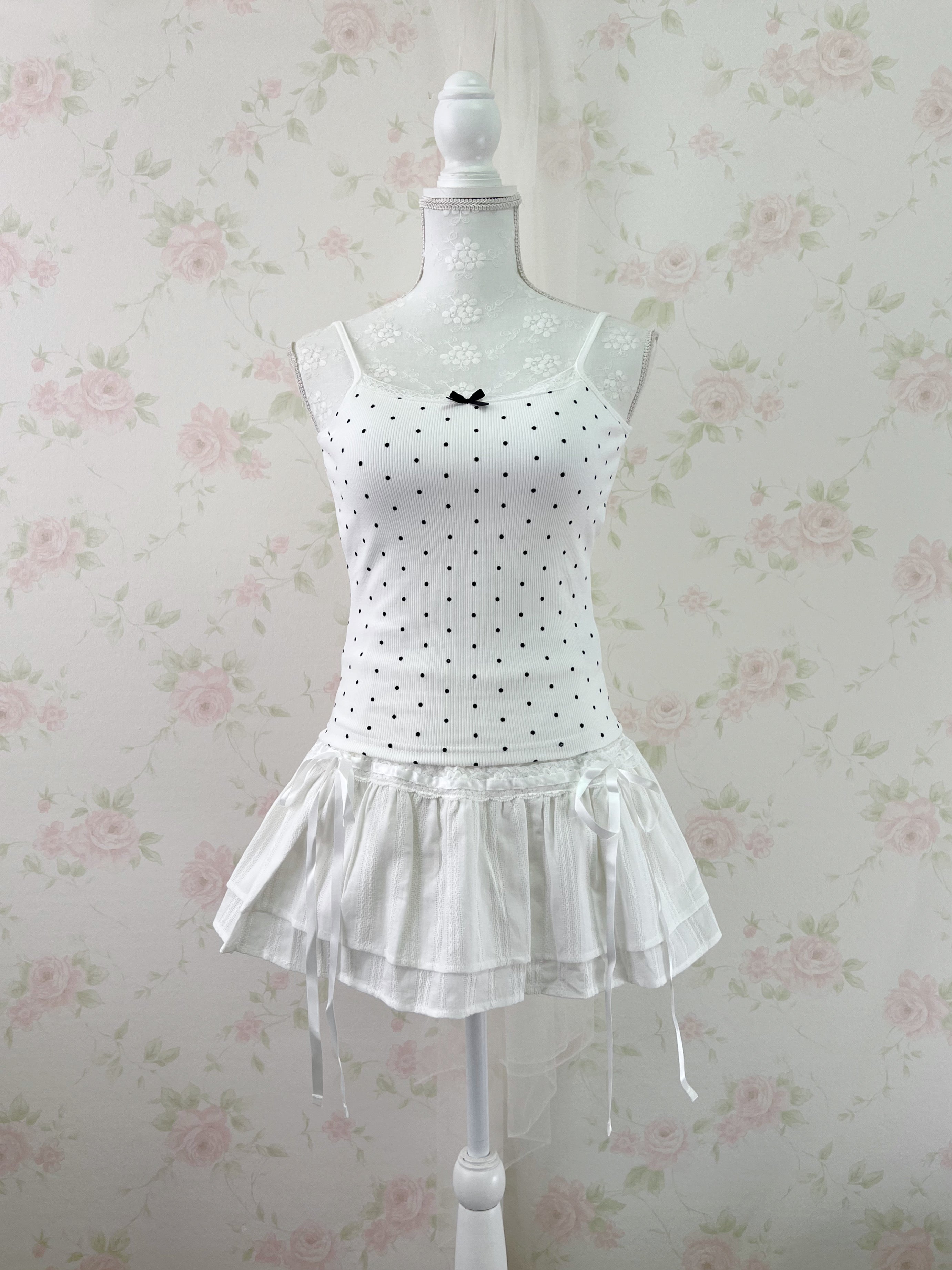 Lace Bow Polka Dot Camisole With Cups (White)