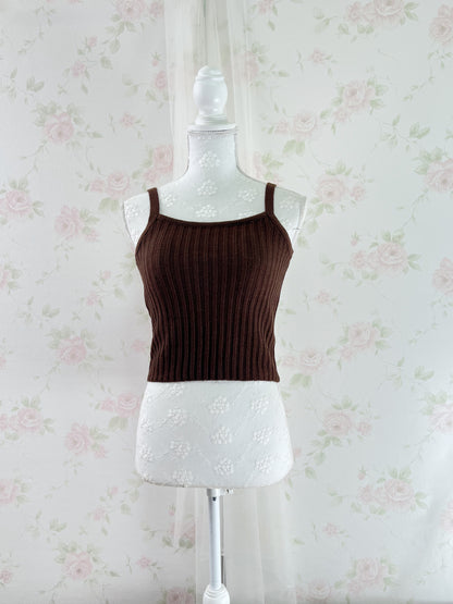 GRL Ruffled Hem Knitted Camisole Cardigan Set (Chocolate)