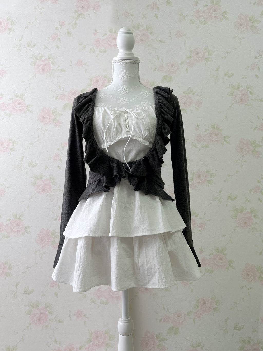 Ruffled V Neck Cardigan (Dark Gray)