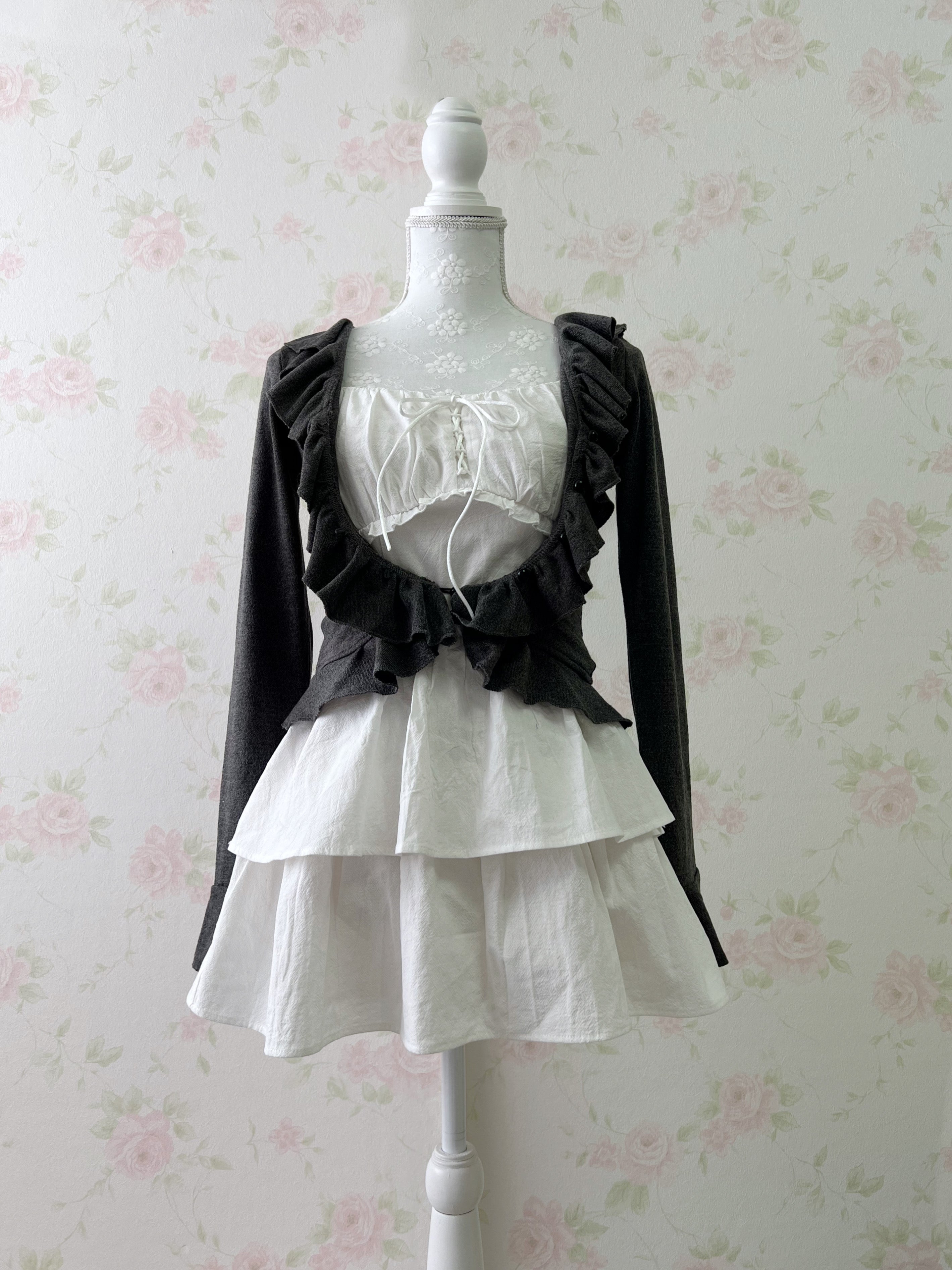 Ruffled V Neck Cardigan (Dark Gray)