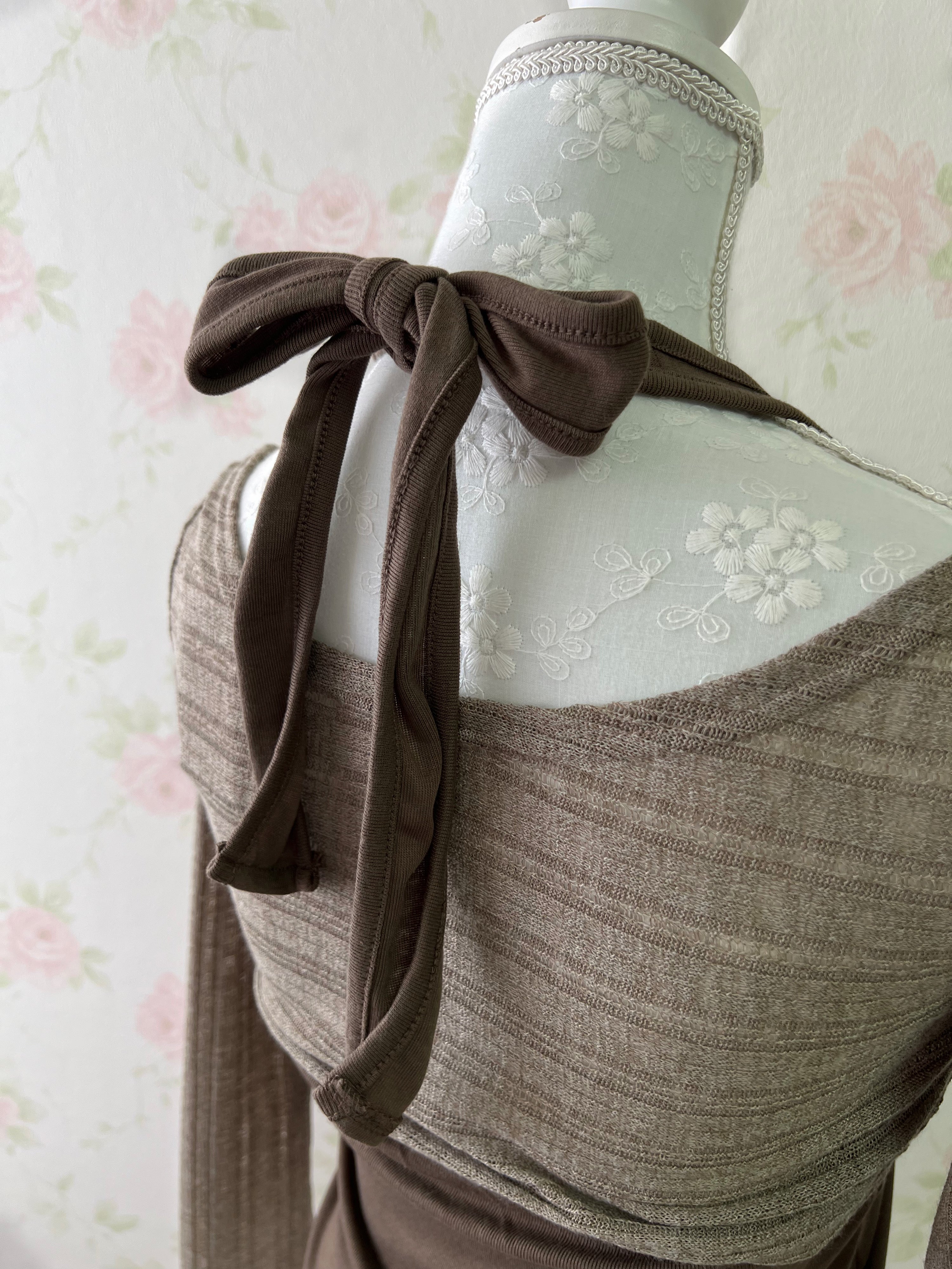 Wide Sleeve Top & Tank Top Set (Brown)