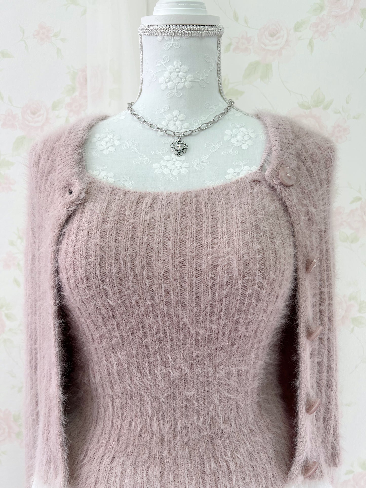 GRL Shaggy Camisole Set Cardigan (Pink)