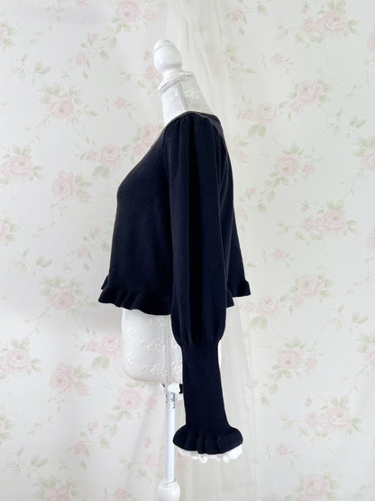 Gold Heart Button Cotton Lace Sleeve Cardigan (Black)