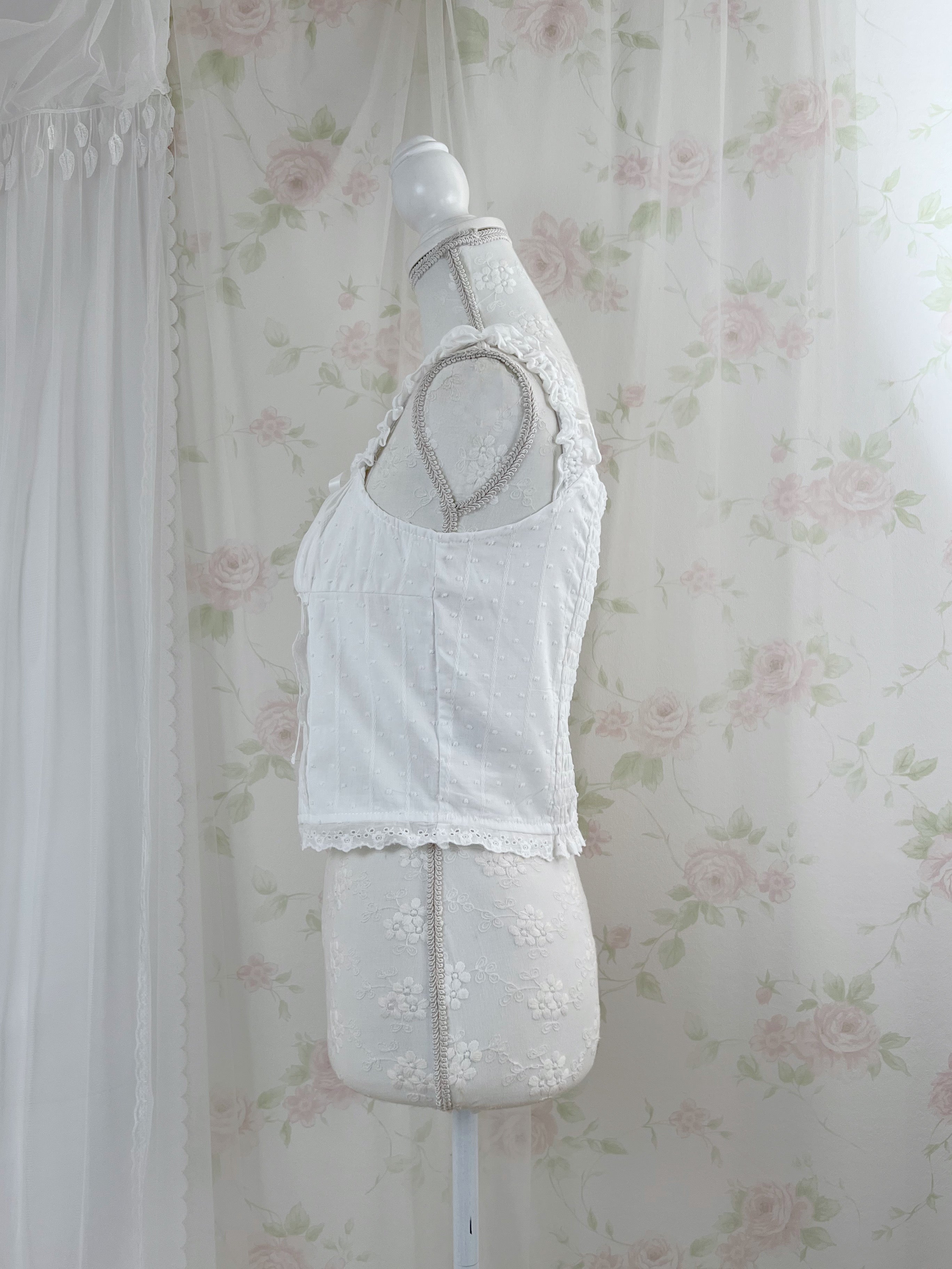 Cotton Lace Gather Strap Top (White)