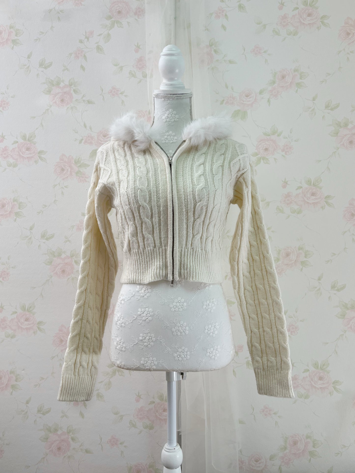 GRL Eco Fur Knitted Hoodie (Ivory)