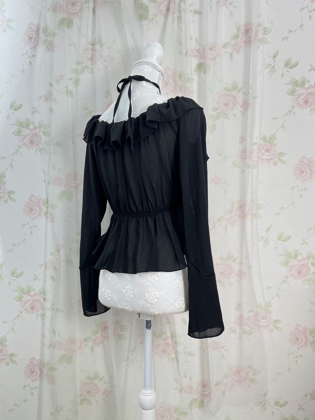 Crossed Neck Chiffon Top (Black)