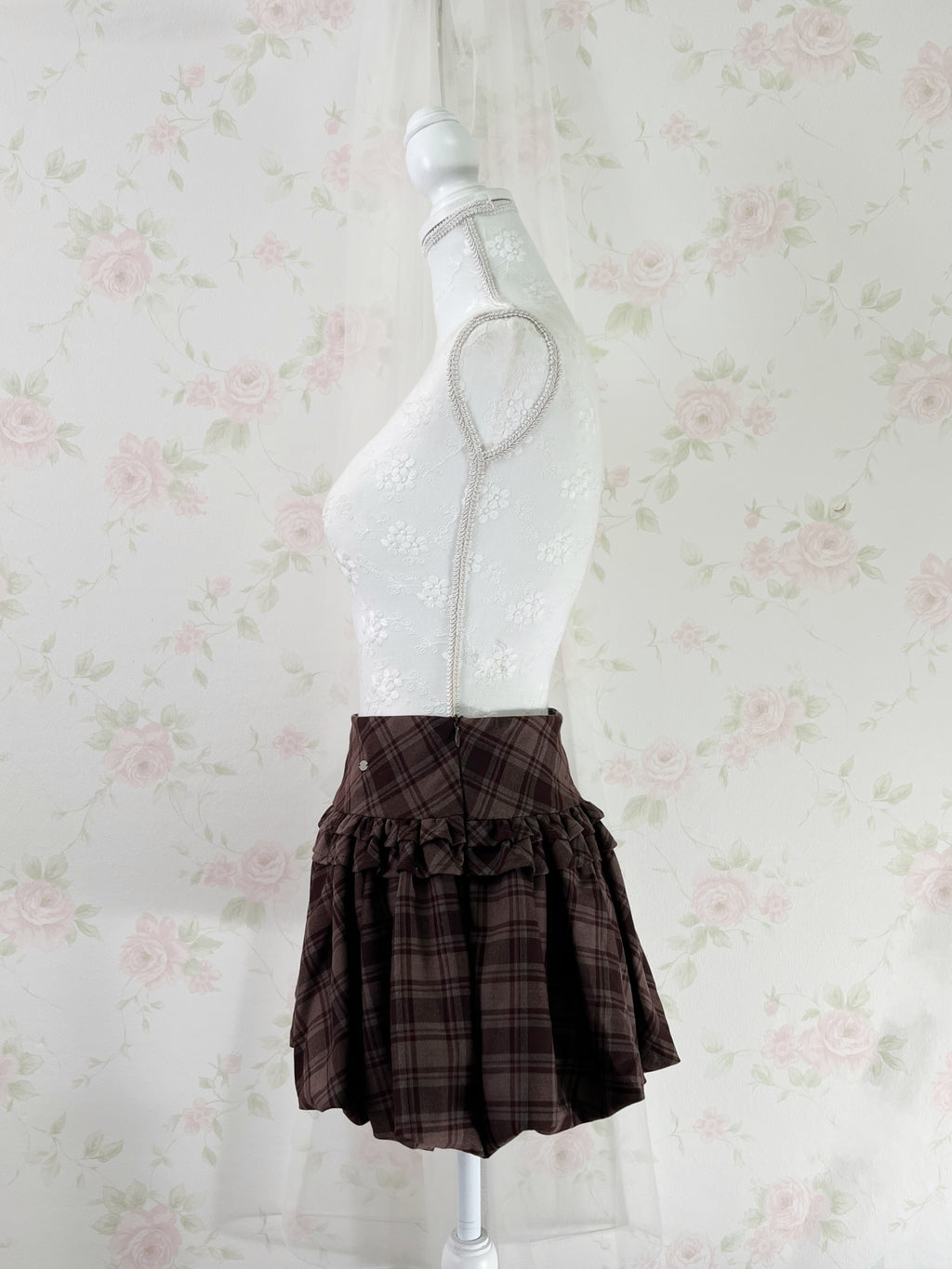 Balloon Gathered Checked Skirt (Brown)