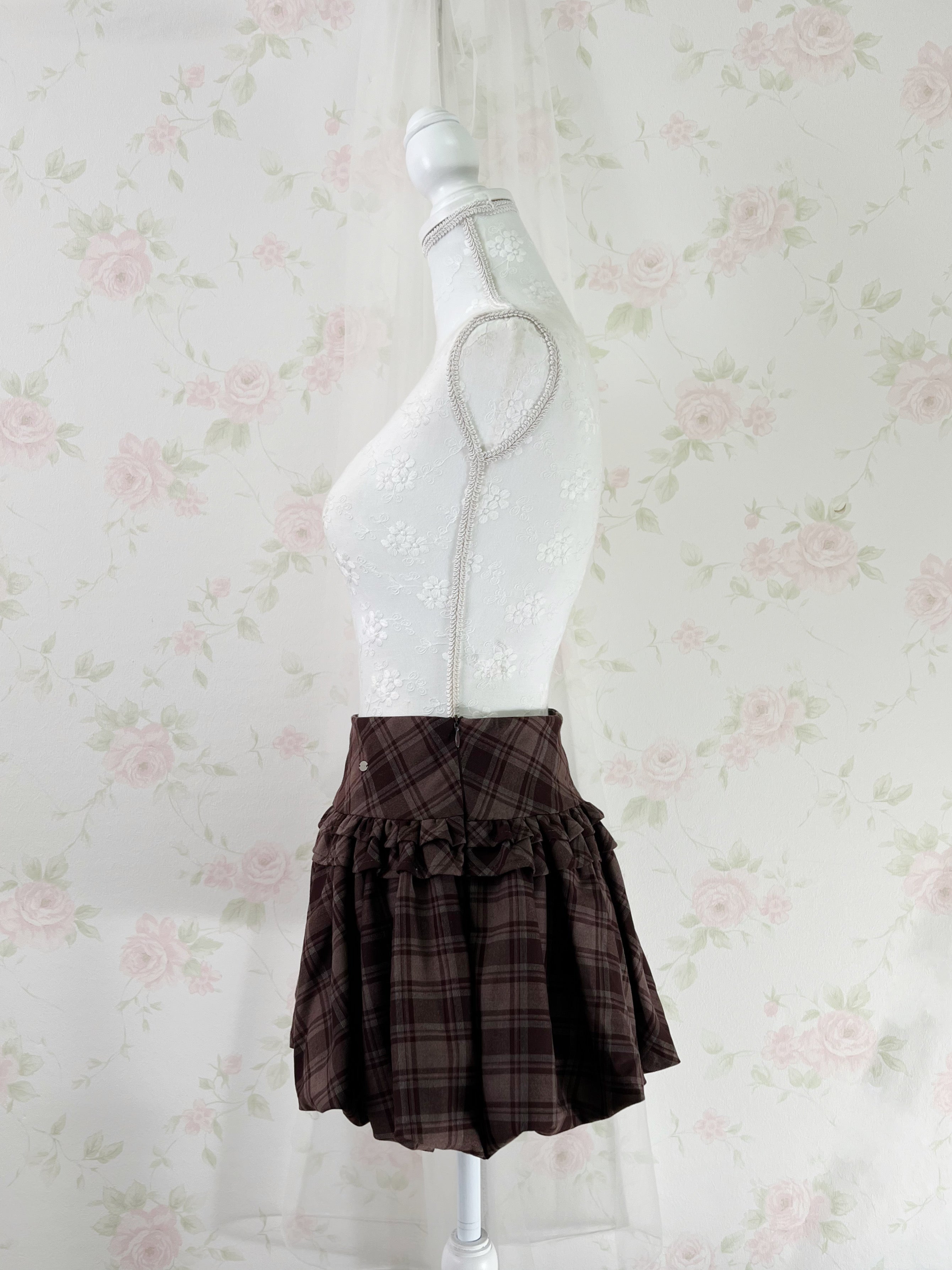 Balloon Gathered Checked Skirt (Brown)