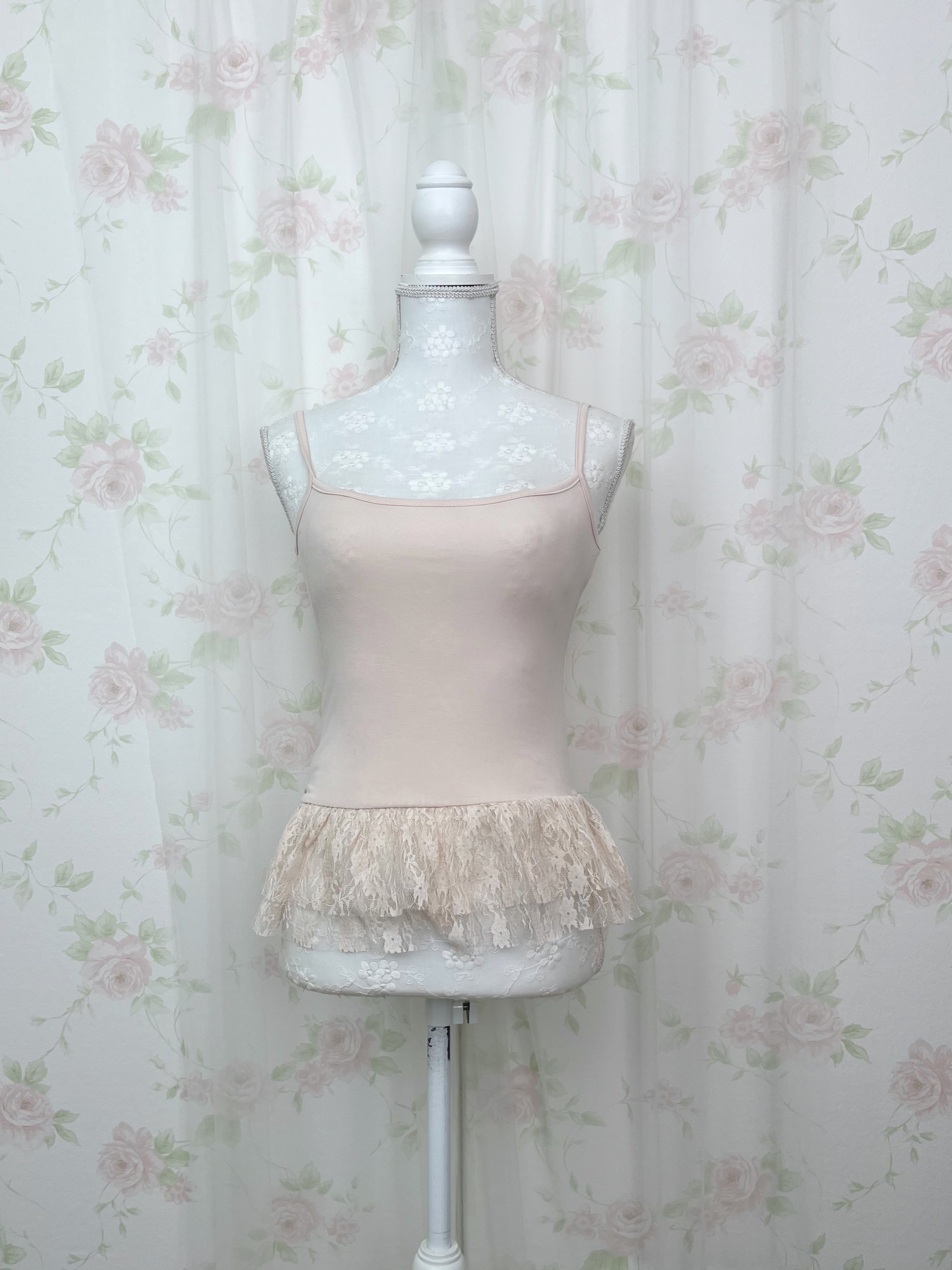 One Shoulder Knit Lace Camisole Set (Pink Beige)