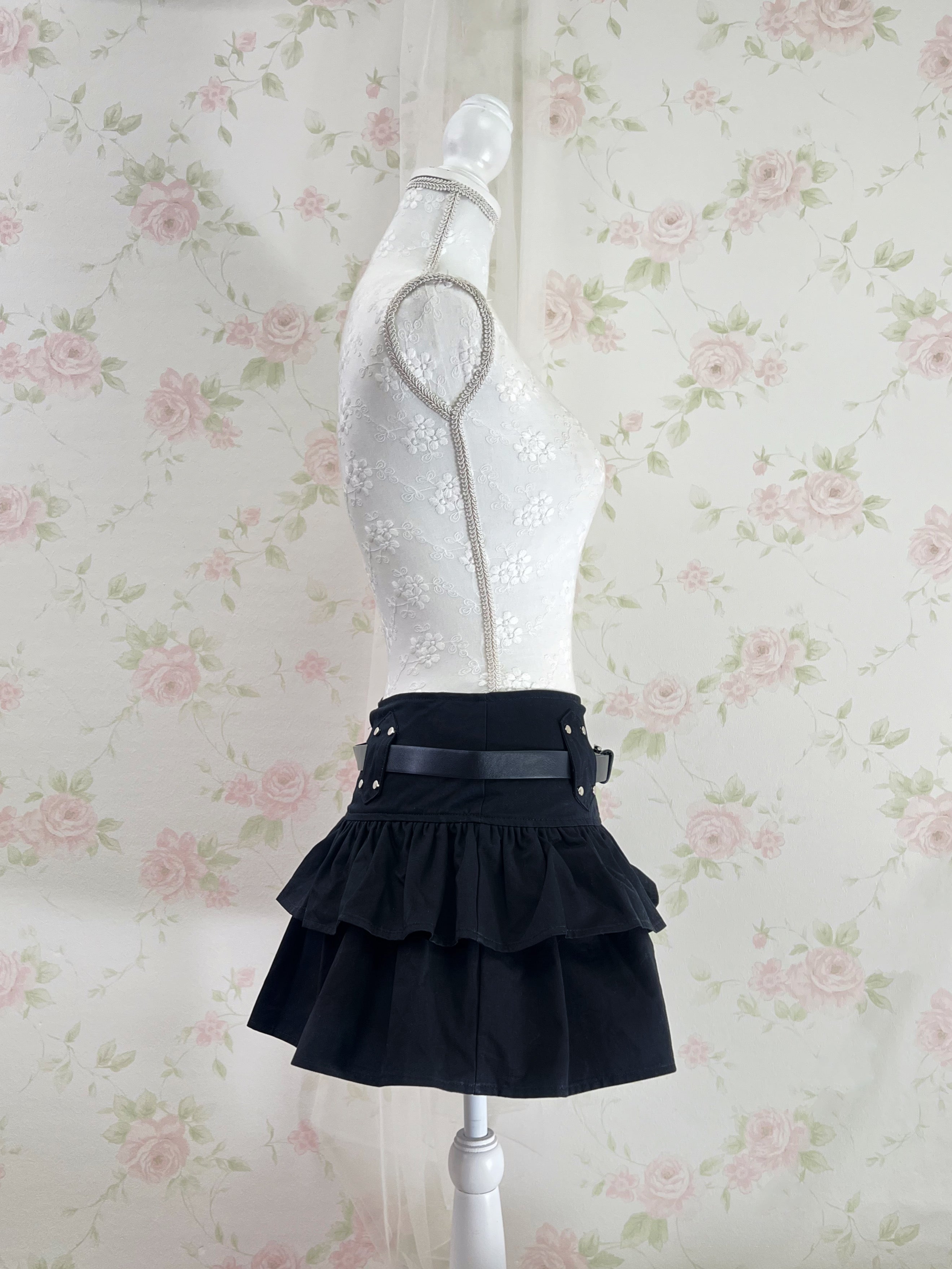 Cotton Tiered Skirt With Belt (Black)