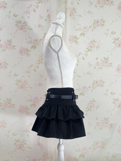 GRL Cotton Tiered Skirt With Belt (Black)