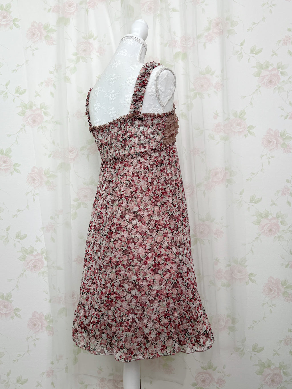 L'EST ROSE Floral Lace Front Shirring Strap Dress