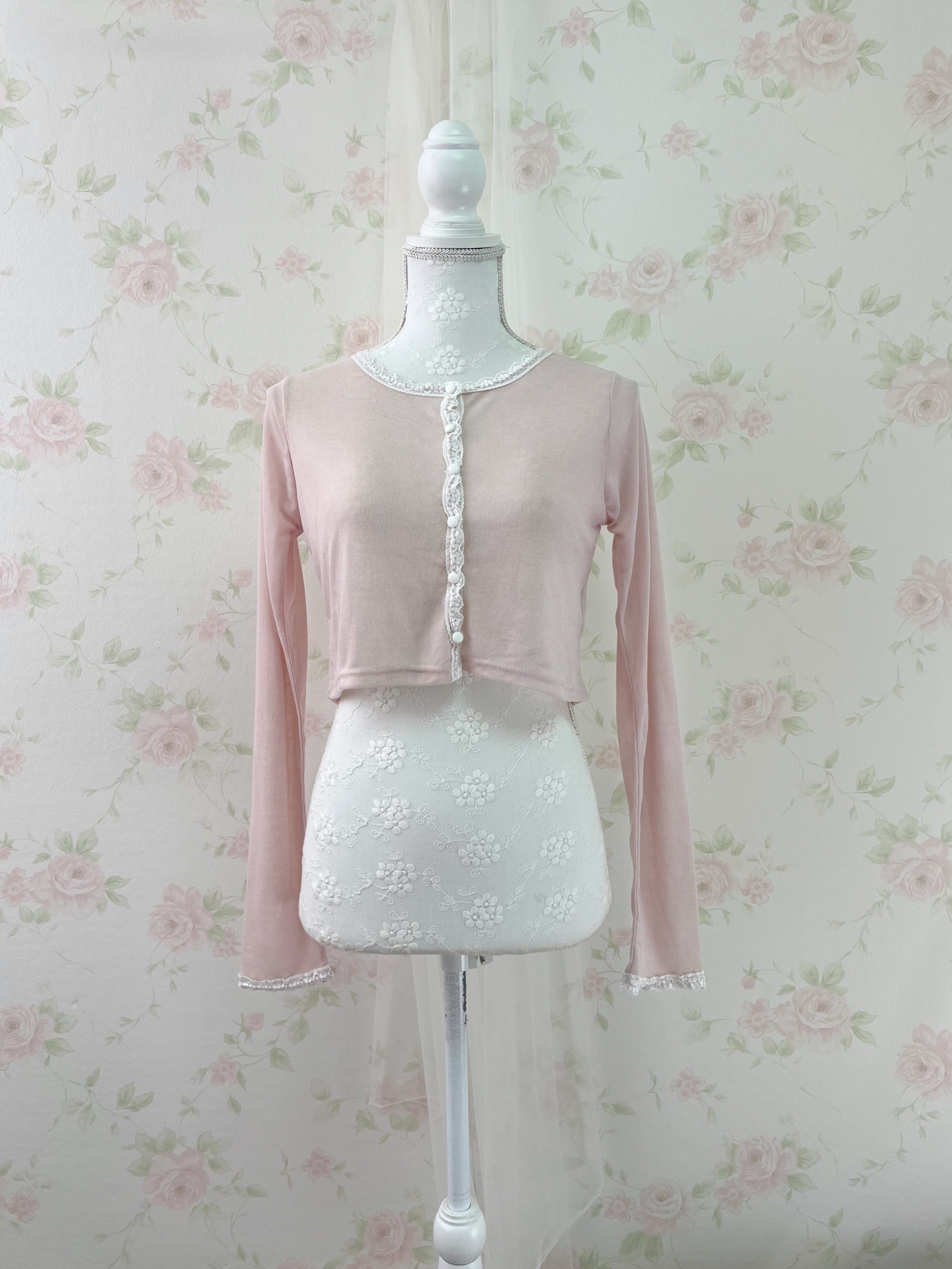 NICE CLAUP Lace Lined Cardigan (Pink)