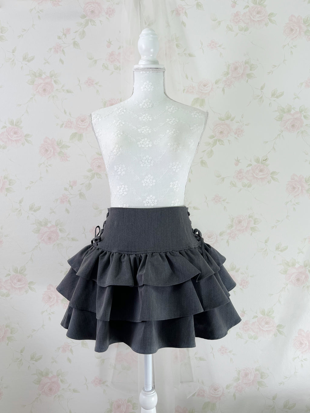 High Waist Tiered  Side Bow Skirt (Gray)