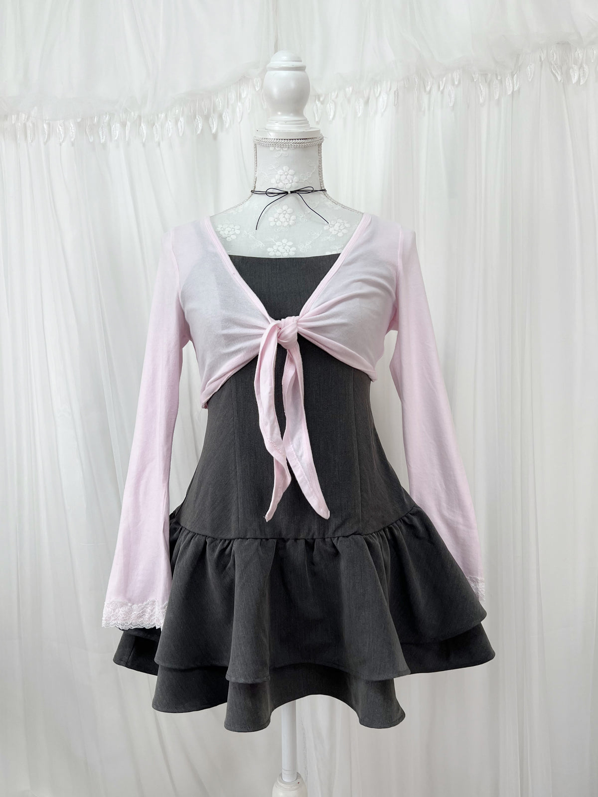 MultiPal Store Original Front Tie Cardigan With Lace (Pink)