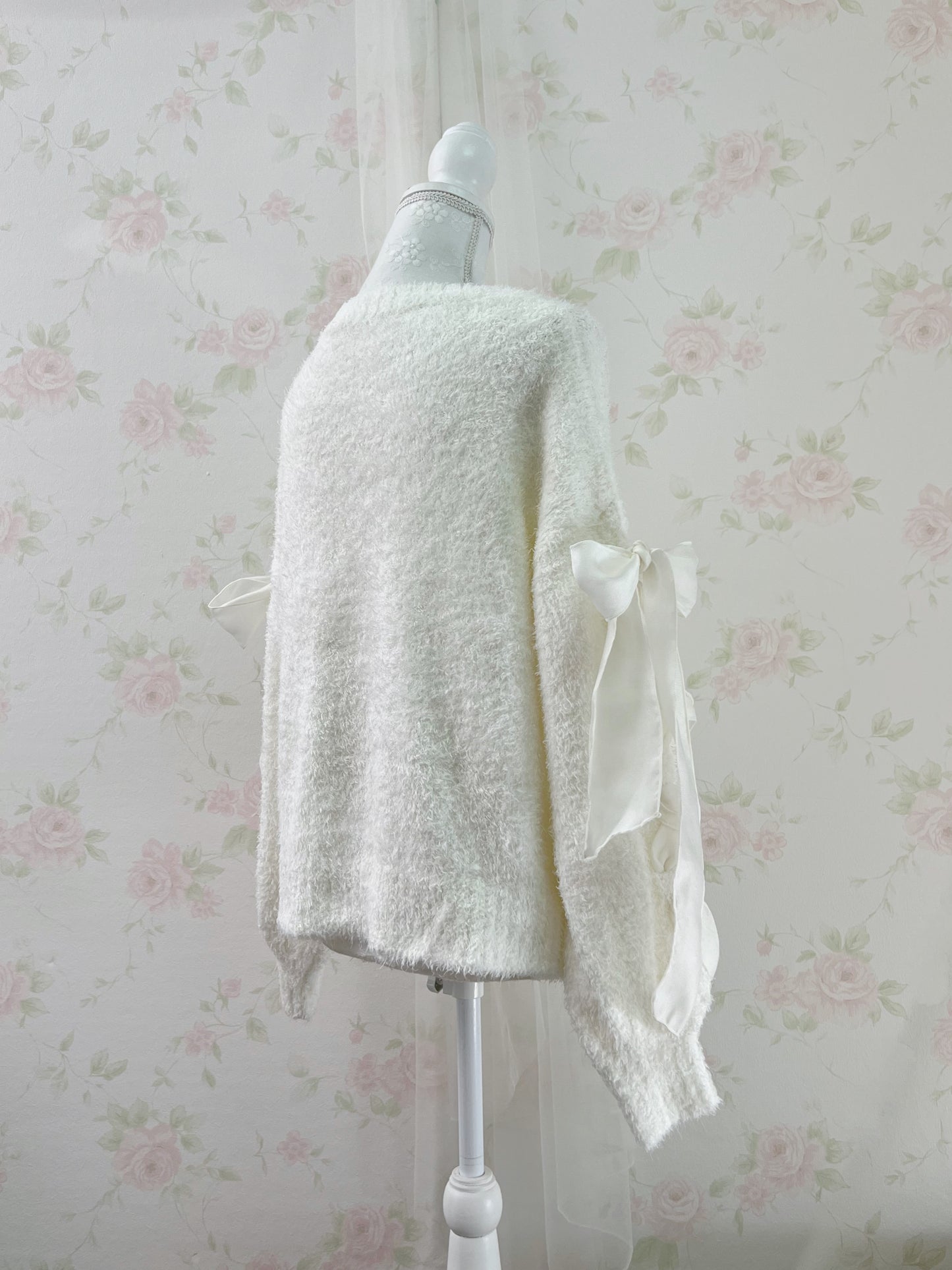 GRL Laced Up Bow Shaggy Cardigan (Ivory)