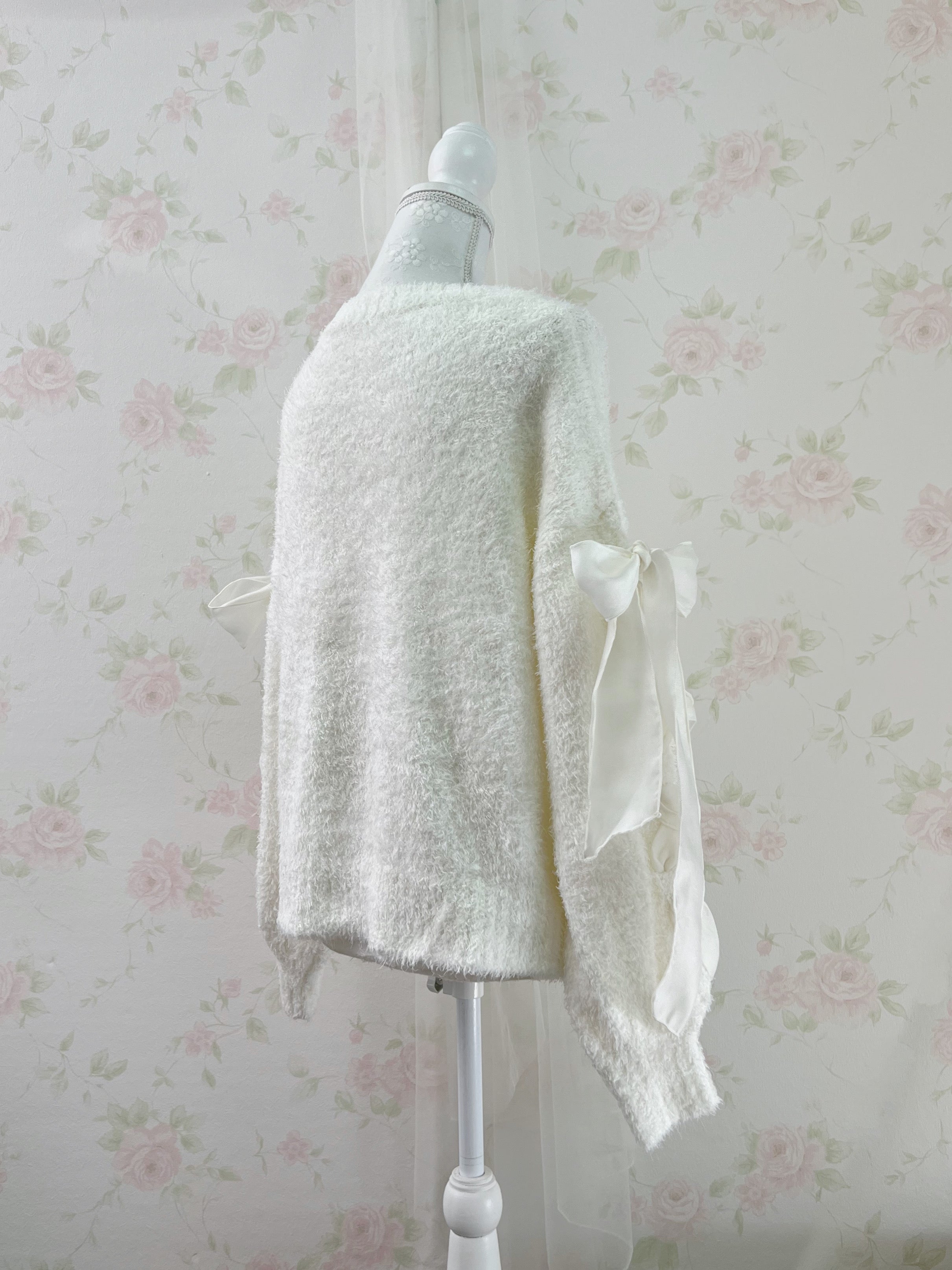 Laced Up Bow Shaggy Cardigan (Ivory)