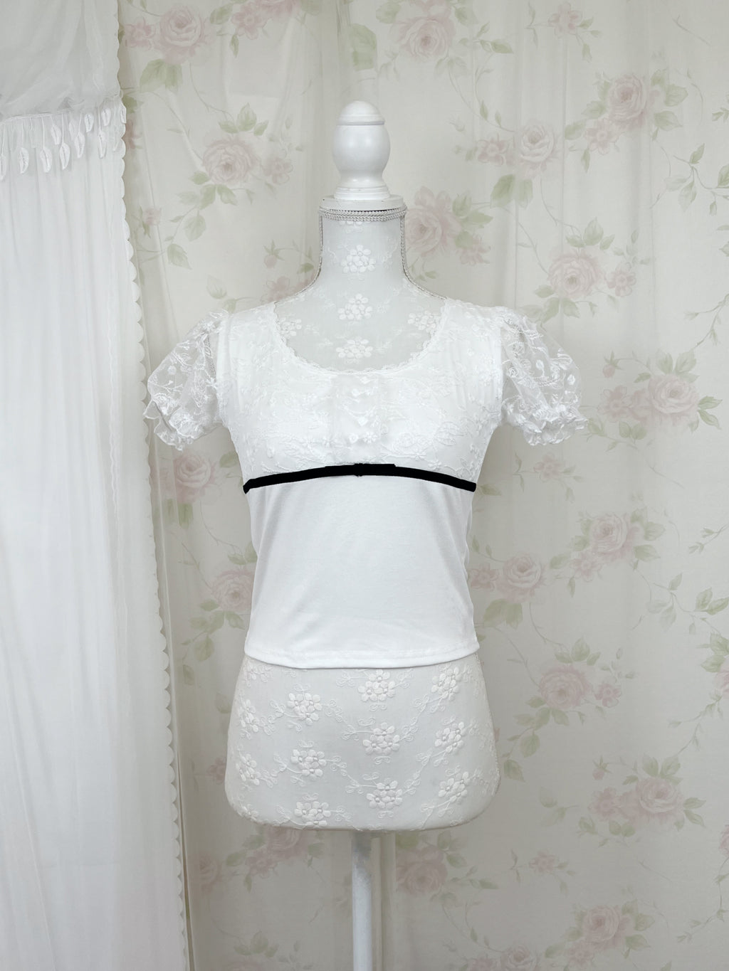 Lacy Sleeve Bow Top (White)