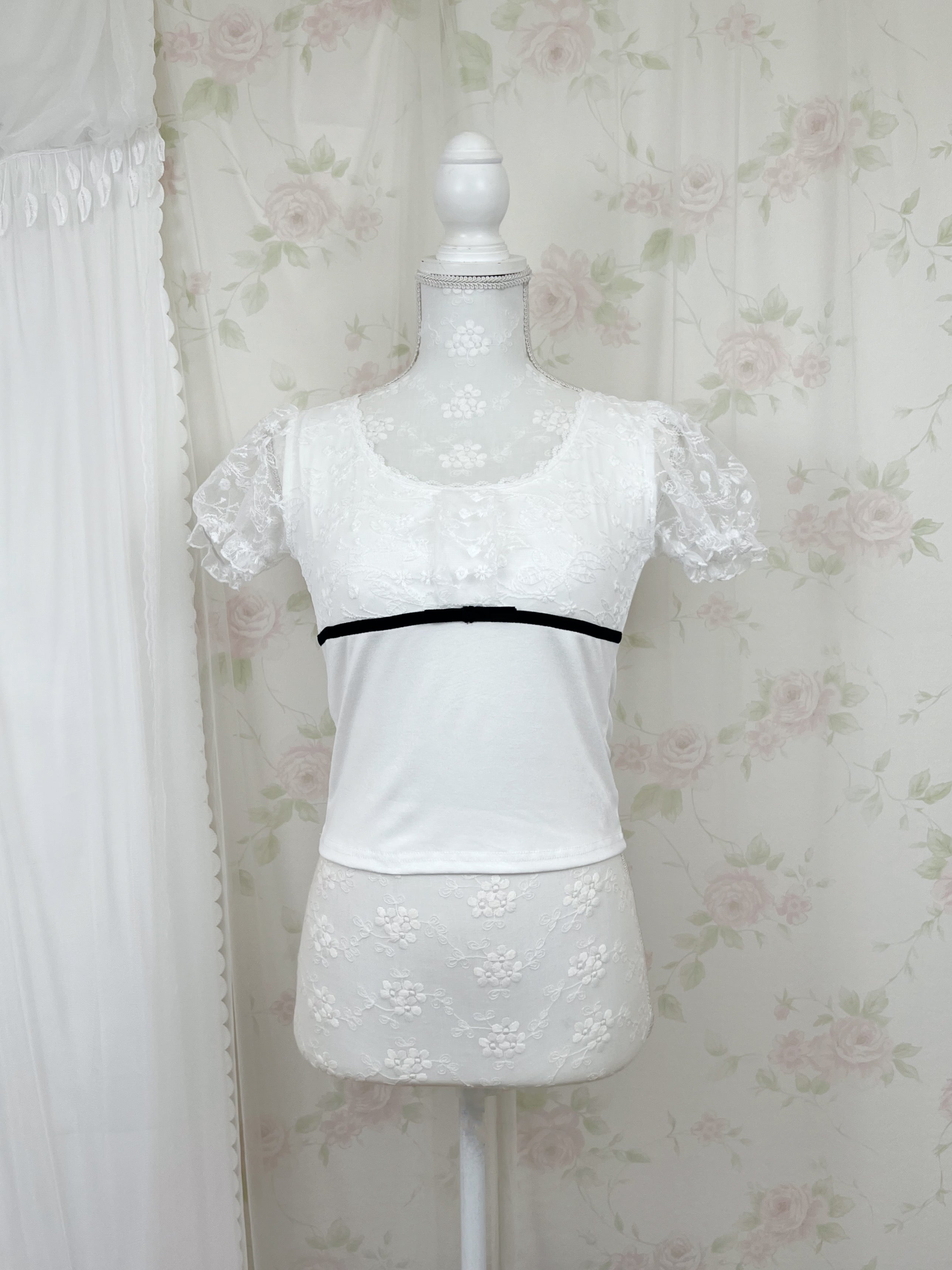 Lacy Sleeve Bow Top (White)