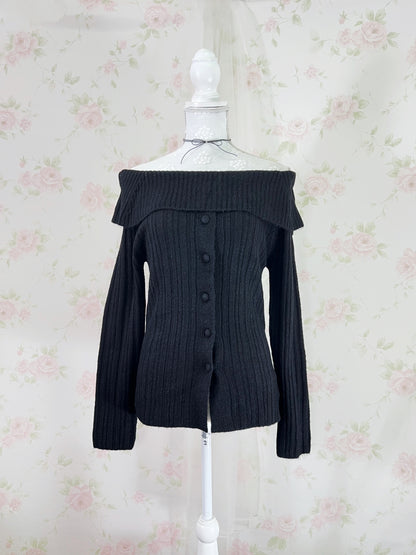 GRL Off Shoulder Button Up Knit Top (Black)