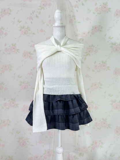 GRL Tiered Checked Skirt (Navy Gray)