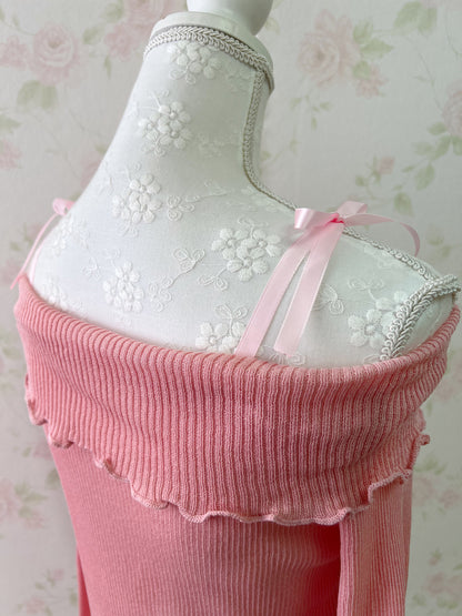 GRL Off Shoulder String Knit Top (Juicy Peach Pink)