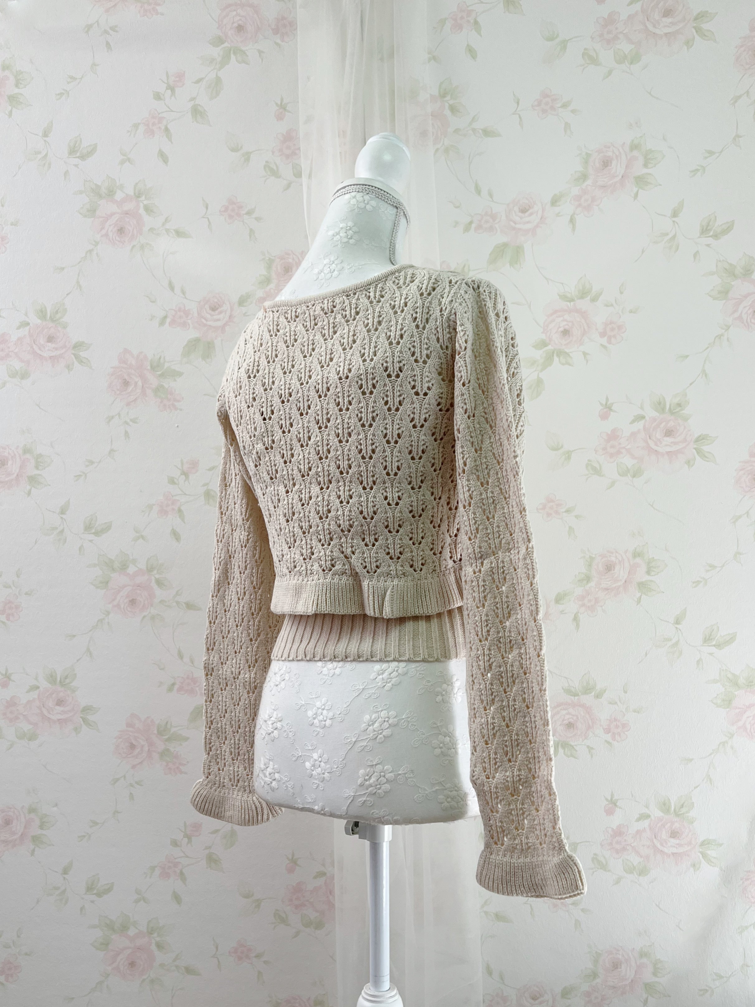 Ruffled Hem Knitted Camisole Cardigan Set (Beige)