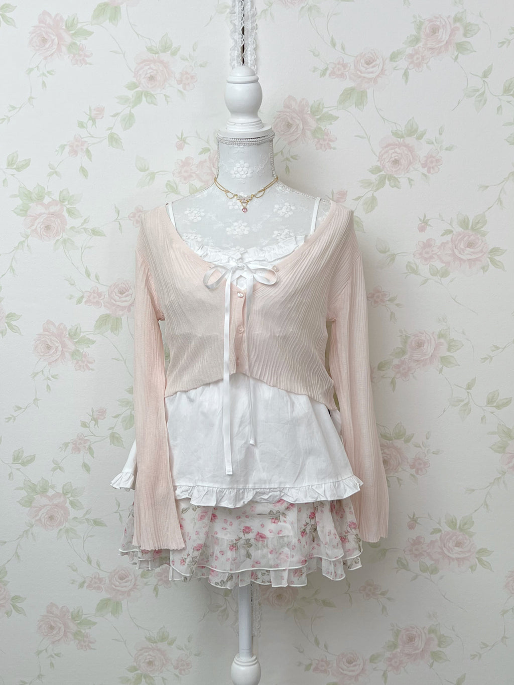 Heart Button Wide Sleeve Cardigan (Powder Pink)