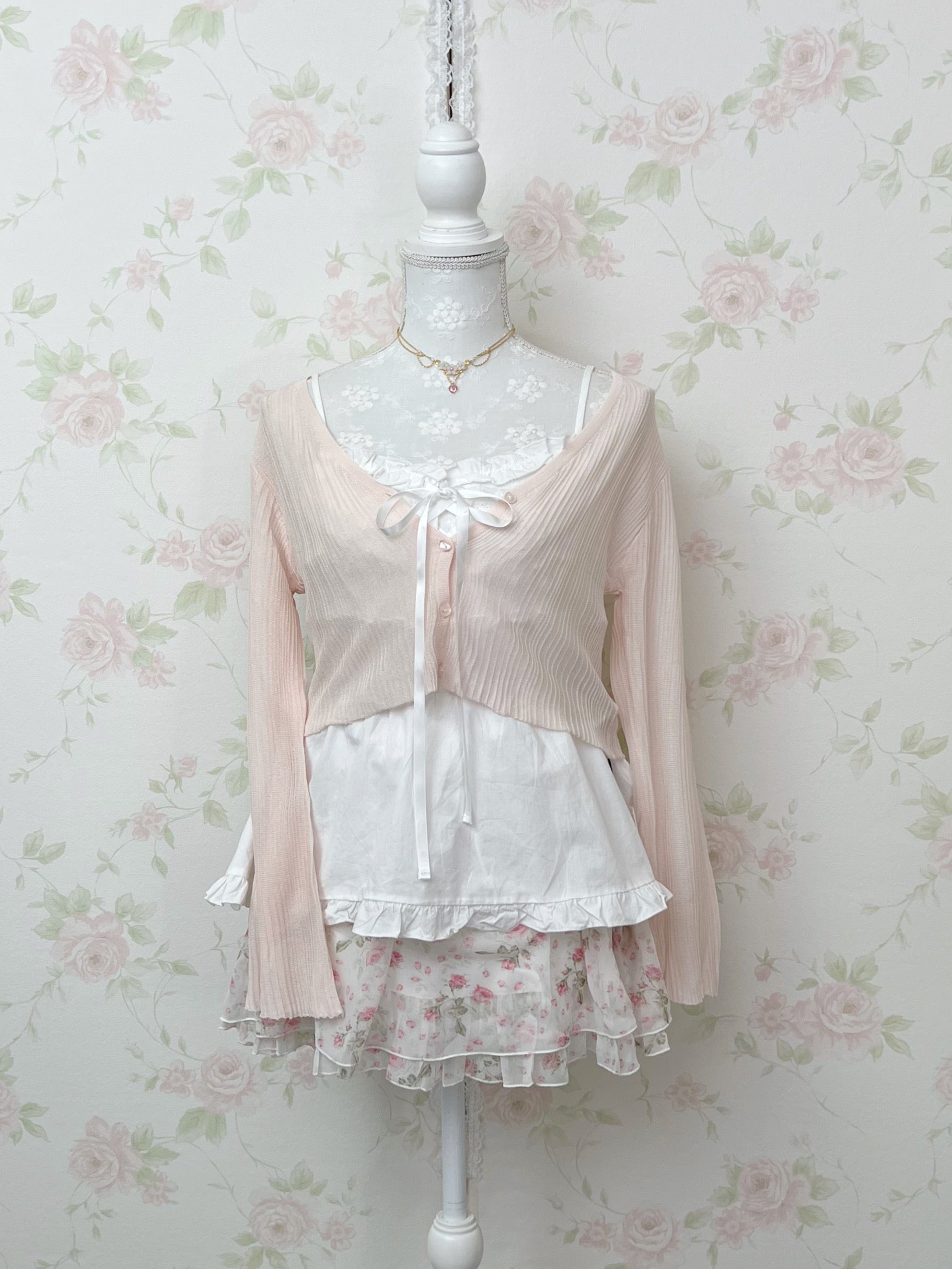 Heart Button Wide Sleeve Cardigan (Powder Pink)
