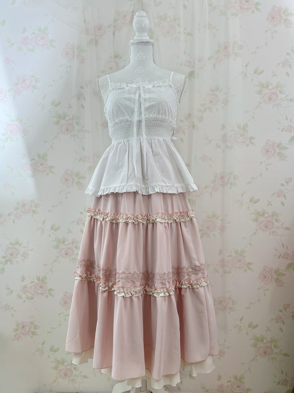 axes femme Shoujo Tiered Long Skirt (Pink)