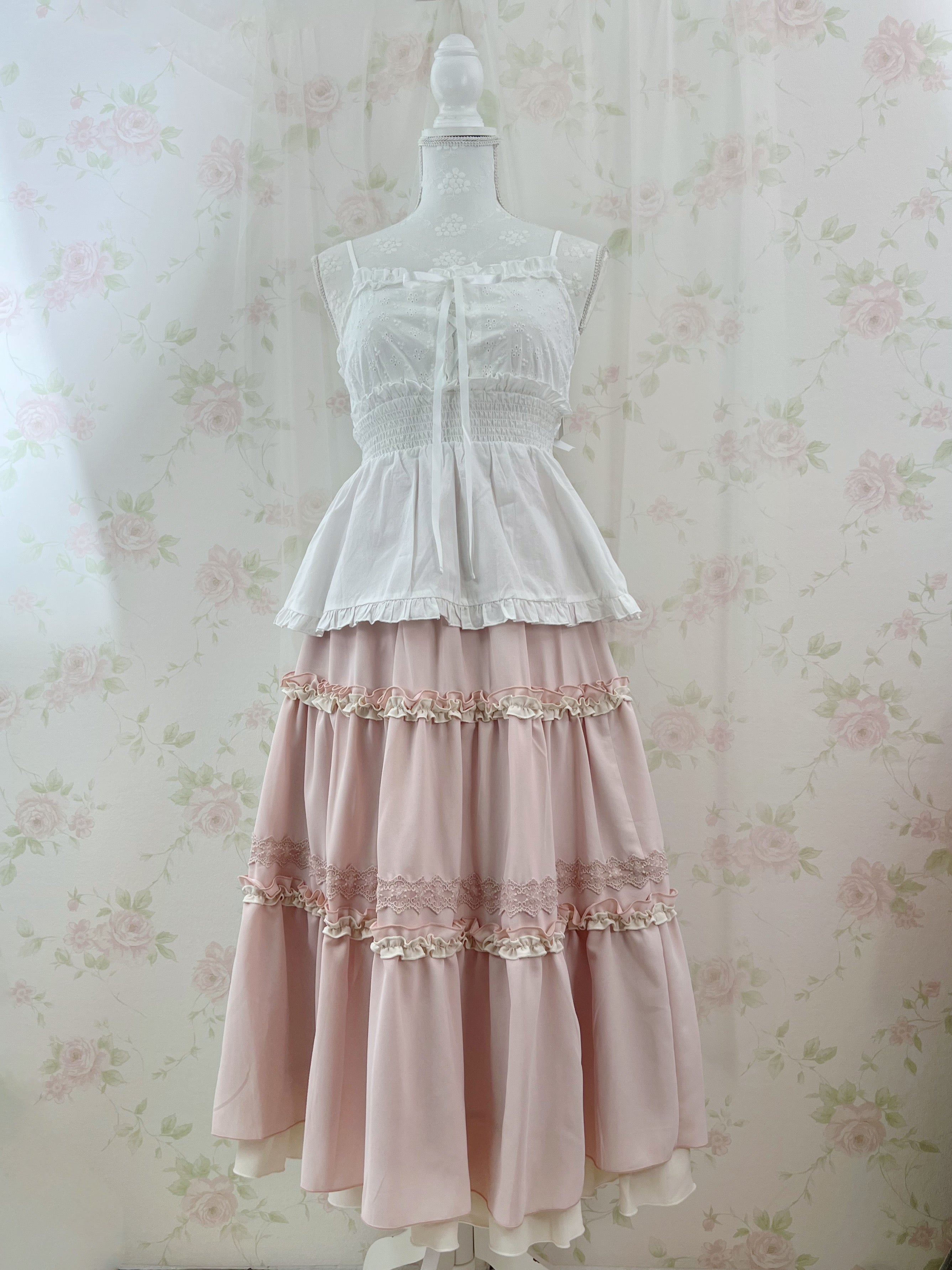 axes femme Shoujo Tiered Long Skirt (Pink)