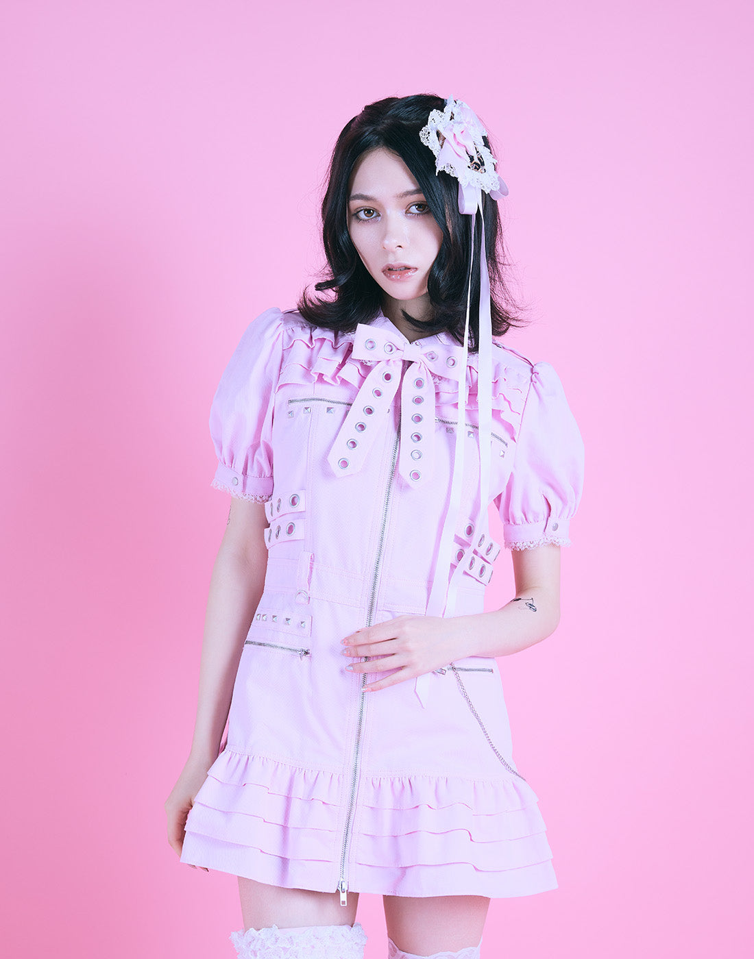 AVENCHUMU Front zip studded belt mini one piece