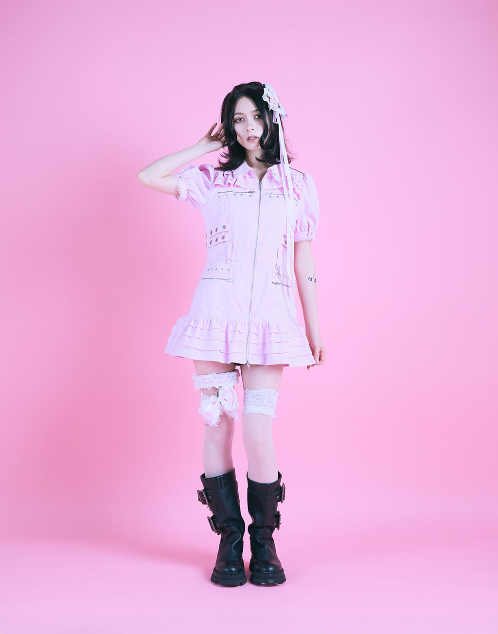 AVENCHUMU Front zip studded belt mini one piece