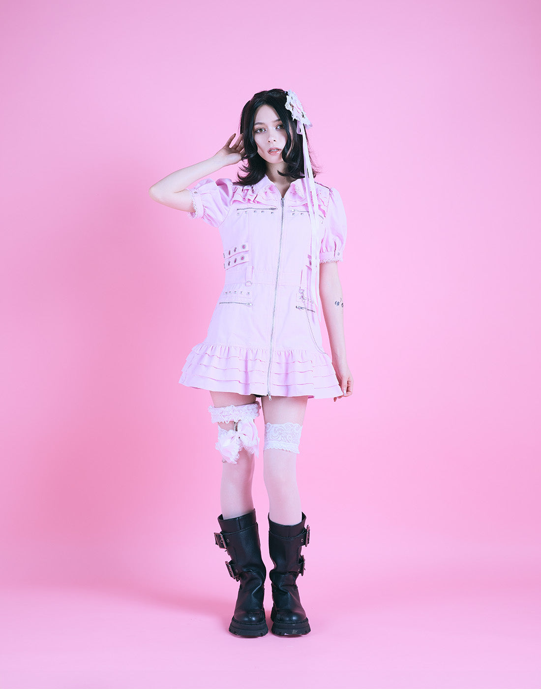 AVENCHUMU Front zip studded belt mini one piece