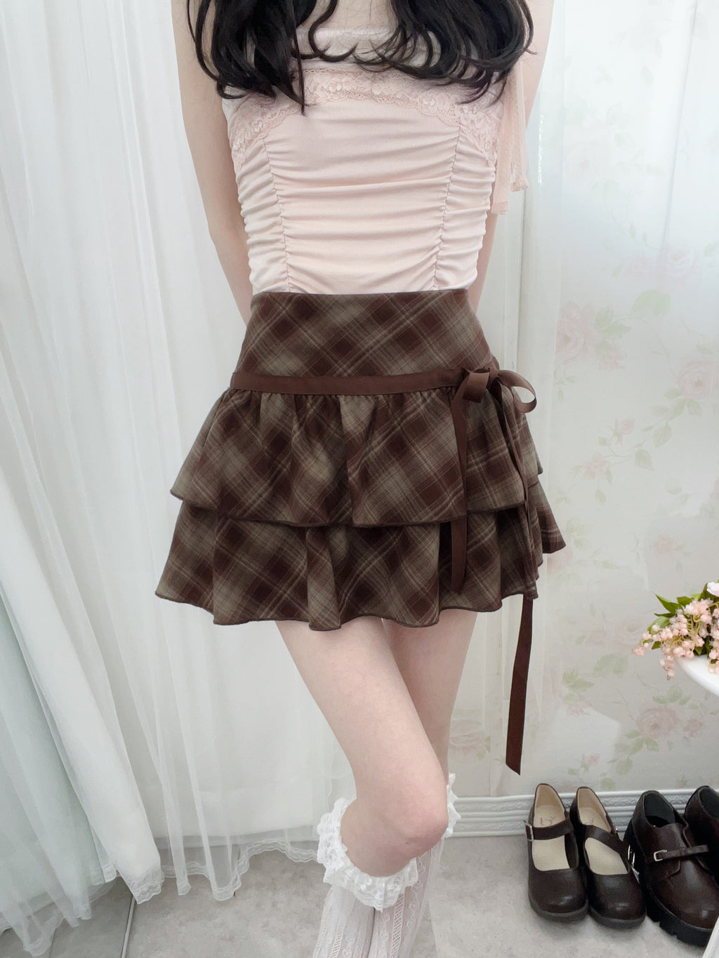 Side Bow Checked Shoujo Mini Skirt (Brown) S,M,L