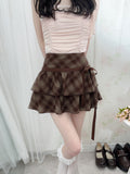 Side Bow Checked Shoujo Mini Skirt (Brown) S,M,L