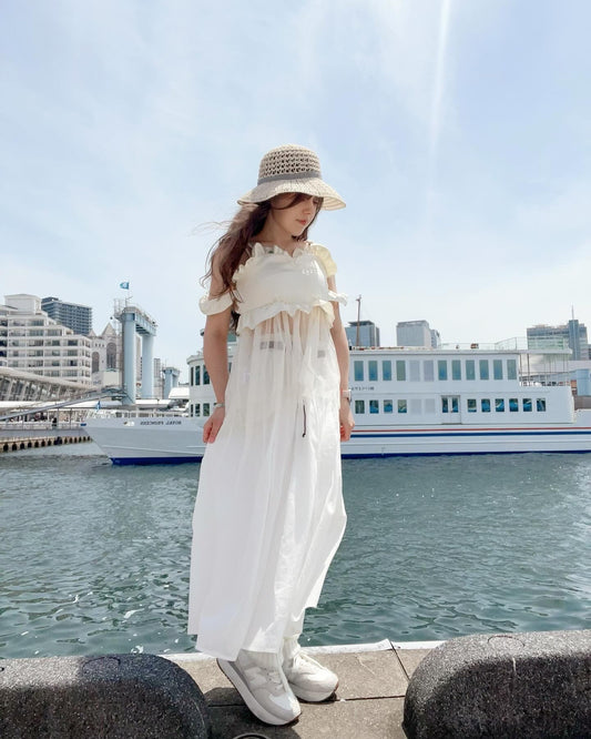 Shoujo Style Cotton Long Skirt With Belt (White)