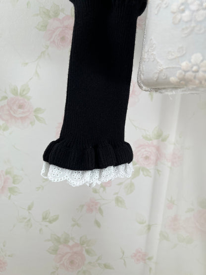 Gold Heart Button Cotton Lace Sleeve Cardigan (Black)